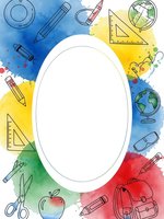 Colorful watercolor frame with school supplies and educational tools surrounding white oval space for text or design elements.