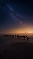 Camel caravan crossing desert dunes under starry night sky with Milky Way galaxy and warm horizon glow creating magical landscape for travel concepts.