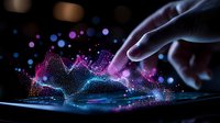 Finger touching digital surface creating vibrant particle wave effect in purple and blue colors against dark background, modern technology visualization.