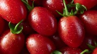 Fresh ripe red grape tomatoes with water drops and green stems in macro shot, natural organic produce background for healthy eating and cooking.
