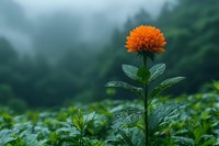 Vibrant orange marigold flower with water drops on green leaves against misty forest background, creating moody natural atmosphere in garden setting.