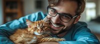 Young Caucasian man in glasses and teal sweater smiling while cuddling with ginger long-haired cat at home, close-up portrait in warm natural lighting.