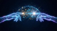 Two digital hands reaching toward glowing neural network brain with sparkling connections on dark background for AI and technology concepts.