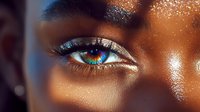 Close up macro shot of African American woman eye with bright rainbow colored contact lens, glowing glitter eyeshadow and dewy highlighted skin.