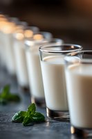Fresh glasses of milk lined up with mint leaves on dark surface, selective focus on foreground glass creates depth. Soft natural lighting enhances creamy texture.