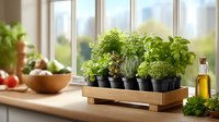 Fresh herbs in black pots on wooden tray by kitchen window with city view, bowl of vegetables and olive oil bottle on countertop.