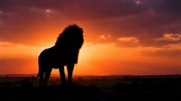 Majestic lion silhouette standing proudly against dramatic orange sunset sky with purple clouds over African savanna landscape for wildlife photography.
