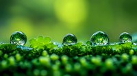 Dew drops on green moss create natural lens effect, reflecting forest environment in crystal clear spheres against blurred nature background.
