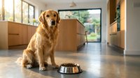 Golden retriever sitting on kitchen floor next to metal food bowl in modern home with wooden cabinets and natural light from windows.