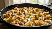 Golden baked cauliflower gratin with melted cheese and herbs in cast iron skillet, comfort food casserole ready to serve for family dinner.