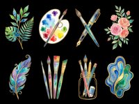 Watercolor art clipart set with palette, brushes, feather, flowers, and leaves isolated on transparent background. Great for stickers, t-shirt design, and print on demand.