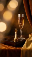 Elegant champagne flute and golden chess king piece on wooden table with warm bokeh lights creating luxurious atmosphere for celebration and strategy concepts.