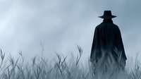 Mysterious figure in black hat and coat standing in misty field with tall grass under dramatic cloudy sky creating atmospheric western or thriller mood.