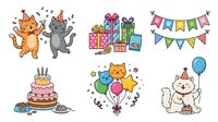 Young cats and kittens celebrating with colorful balloons, wrapped gifts, bunting flags, and birthday cake. Isolated clipart elements perfect for party invitations, greeting cards, and festive design projects.