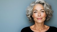 Confident mature woman with natural gray wavy hair wearing black top against blue background, expressing positive aging and self-acceptance in modern portrait.