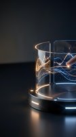 Futuristic holographic display with glowing data waves emerging from transparent glass cylinder on modern surface for technology presentations.
