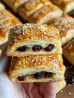 Flaky layered pastry filled with dried cranberries, topped with sesame seeds showing delicate puff pastry layers and golden brown surface. Fresh baked sweet treat.