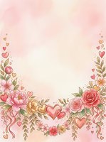 Watercolor floral frame with pink peonies, roses, and decorative hearts on soft pastel background. Isolated design element suitable for wedding invitations, greeting cards, and romantic projects.