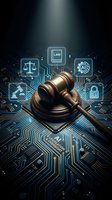Wooden gavel on digital circuit board with glowing legal icons representing cyber law, technology regulation, and digital justice concepts.