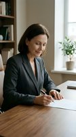 Professional middle-aged Caucasian businesswoman in gray suit signing documents at wooden desk in modern office with bookshelf and plant background.