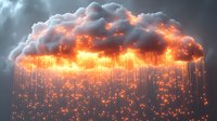 Glowing orange cloud with magical light rain falling against dark stormy sky, creating ethereal atmosphere and dramatic illumination effect.