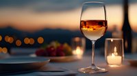 Elegant wine glass with amber liquid on restaurant table during golden hour sunset with blurred city lights and candle creating romantic dining atmosphere.