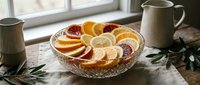 Fresh citrus fruit slices arranged in decorative glass bowl on rustic wooden table with ceramic pitchers and olive branch for healthy breakfast display.