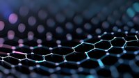 Abstract digital network of glowing hexagonal connections on dark background with purple and blue bokeh lights, representing technology and data science.