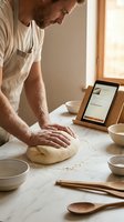 Male baker with beard kneading dough at marble counter while following recipe on tablet, surrounded by bowls and wooden utensils in bright kitchen.