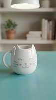Adorable white ceramic cat mug with cute face design on turquoise table in cozy home kitchen interior with shelves and books in background.