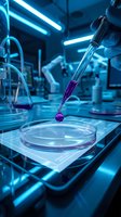 Pipette dispensing purple liquid into petri dish in modern laboratory with neon blue lighting and scientific equipment for research and development.