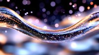Magical glowing waves with sparkles and bokeh effects in blue, pink and gold colors against dark background create dreamy abstract composition.