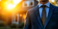 Professional businessman in navy suit and tie standing outside luxury home during golden sunset hour, blurred residential background creates warm atmosphere.