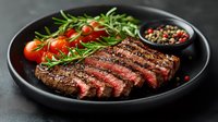 Juicy grilled beef steak sliced medium rare on black plate with fresh rosemary, cherry tomatoes and peppercorn seasoning, dark moody food photography.