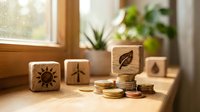 Wooden blocks with sustainability symbols and stacked coins on windowsill, representing eco-friendly investment, green finance, and renewable energy savings.