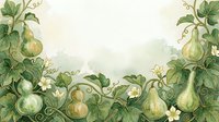 Pear and apple vines with flowering branches frame a soft watercolor background, suitable for botanical illustrations, garden designs, and nature-themed publications.
