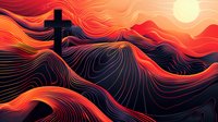 Dramatic cross silhouette against vibrant orange and black wavy landscape with glowing sun, featuring flowing linear patterns in surreal mountainous terrain. Spiritual art.