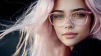 Young woman with pink hair and transparent glasses looking thoughtfully ahead, soft natural lighting creates dreamy atmosphere against dark background.