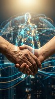 Adult male hands cradling glowing digital human figure with neural network connections, representing healthcare innovation, telemedicine, medical technology, and wellness solutions for digital health platforms.