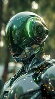 Futuristic humanoid robot with sleek metallic design and glowing green accents in natural outdoor setting for sci-fi technology concepts.