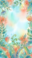 Watercolor floral frame with gold outlines, teal and coral tones, glowing bokeh, and lush botanical border for cards and invitations.