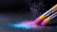 Makeup brushes with scattered pink and blue glitter powder on dark background, creating magical sparkle effect for cosmetics and beauty photography.