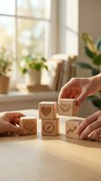 Hands arranging wooden blocks with business icons including heart, handshake, brain, clock and growth chart on desk near window with plants in background.