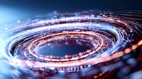 Glowing spiral light trails with red and blue neon effects create dynamic circular motion against dark background, abstract technology concept for digital presentations.