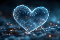 Glowing blue heart shape formed by connected light dots and lines against dark background with bokeh effects, representing digital love and network connections.