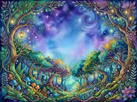 Enchanted forest landscape with glowing trees, magical lights, and cosmic sky featuring purple, blue, and green hues, surrounded by ornate botanical frame border for fantasy art, book illustrations, and mystical designs.