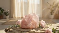 Pink rose quartz crystal cluster with dried roses on wooden table in sunlit room with plants and warm natural lighting for wellness and meditation.