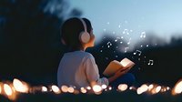 Young Asian woman in headphones reading book at dusk with glowing musical notes and string lights creating magical atmosphere for relaxation and mindfulness.