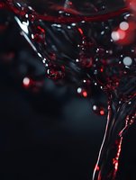 Dynamic splash of red wine with droplets and ripples creating an elegant abstract composition against dark background, dramatic lighting highlights liquid motion.