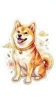 Cheerful Shiba Inu dog wearing golden collar with red cape, surrounded by decorative clouds and falling flowers on white background, isolated clipart for design use.